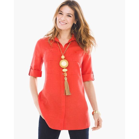 Chico's Tops - Chico's No Iron Linen Pocket Shirt Womens Size L Tunic Length Beachy Lagenlook